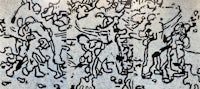 a black and white drawing of people on a wall
