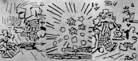 a black and white drawing of a man and a woman
